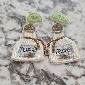Beaded Tequila Bottle Statement Earrings - White & Green